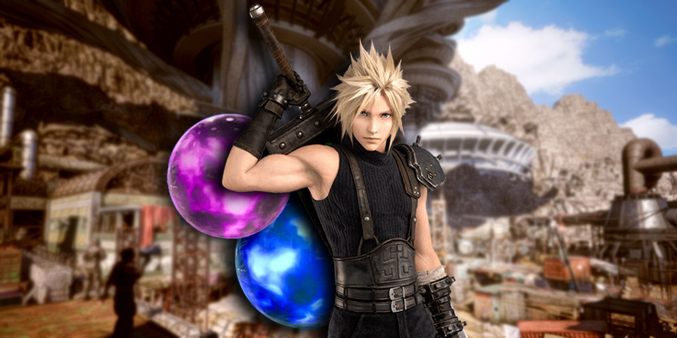 Cloud Strife standing next to two orbs of materia