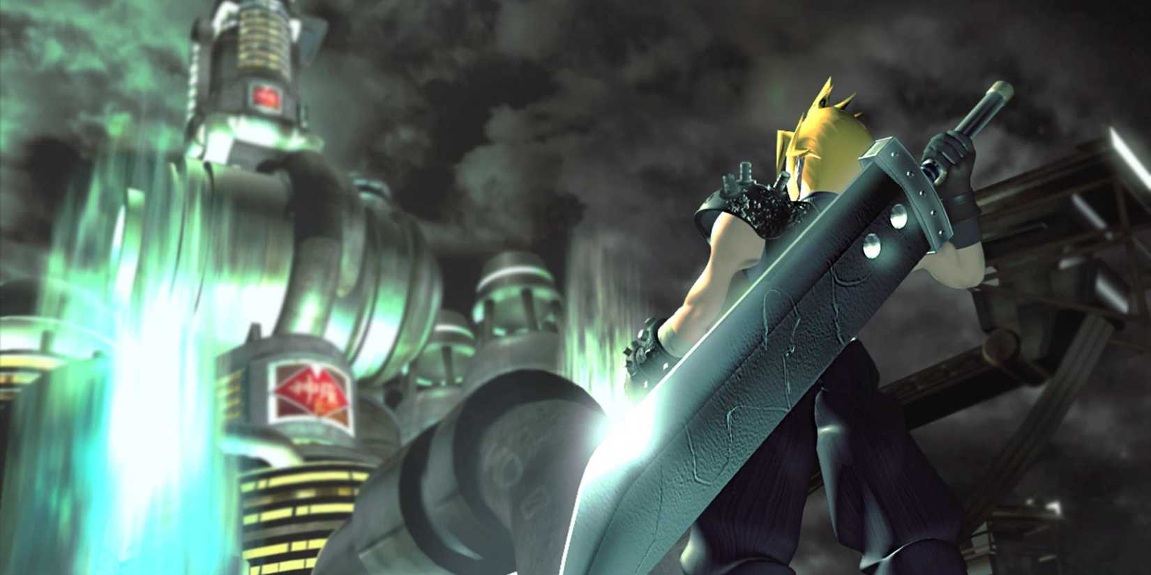 Cloud looking up with a huge sword on his back