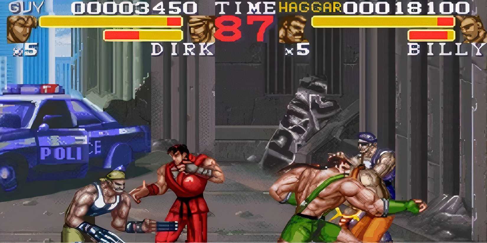 Final Fight 3 - Guy and Haggar beating up Dirk and Billy