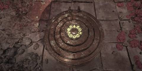 The Remnant 2 character is solving the Forgotten Field Puzzle in Yaesha.