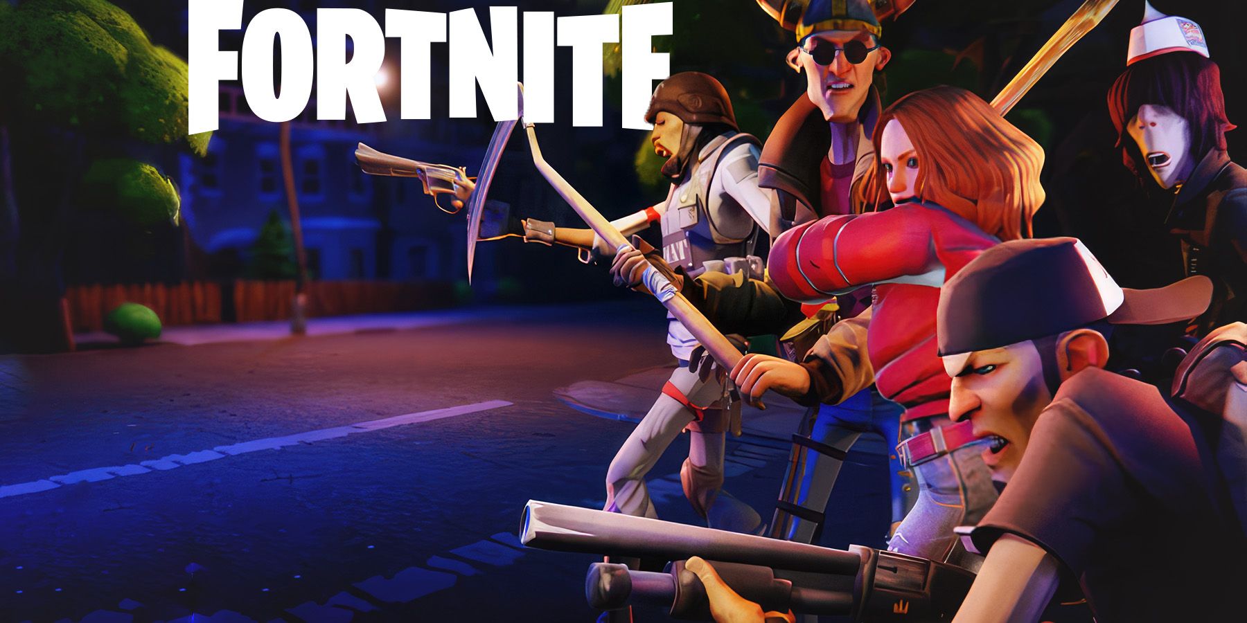 Fortnite angry characters nighttime street with white game logo composite