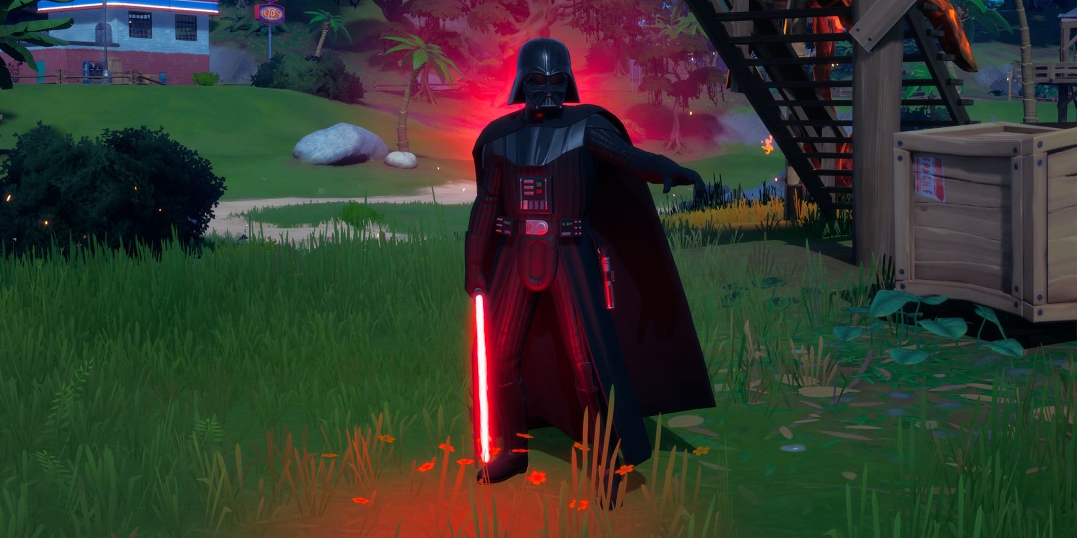 A screenshot of Darth Vader detecting a player in Fornite, with a red aura behind him.