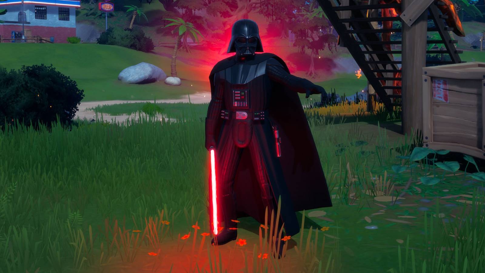A screenshot of Darth Vader detecting a player in Fornite, with a red aura behind him.