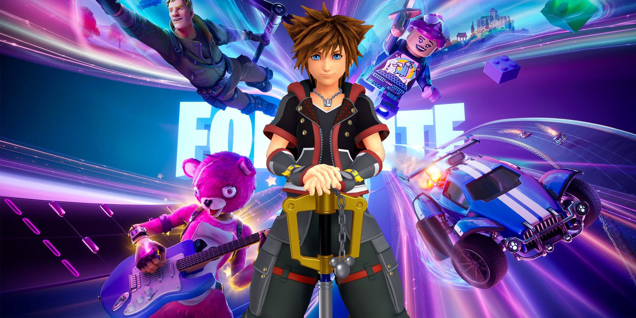An image of Sora from Kingdom Hearts 3 placed in a Fortnite promotional image.