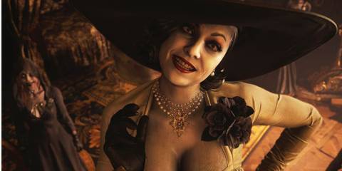 Lady Dimitrescu looking up at Ethan in Resident Evil: Village
