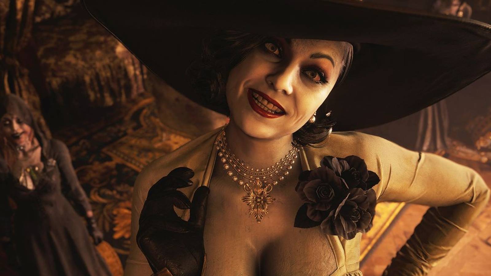 Lady Dimitrescu looking up at Ethan in Resident Evil: Village