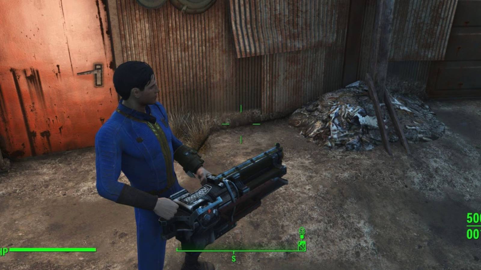 The Sole Survivor holding the gatling laser in Fallout 4