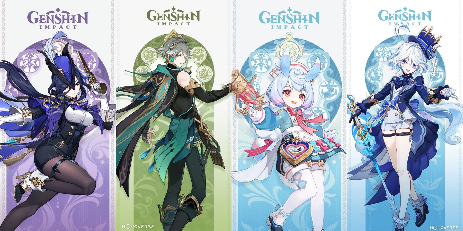 The key visuals for Genshin Impact's Clorinde, Alhaitham, Sigewinne, and Furina