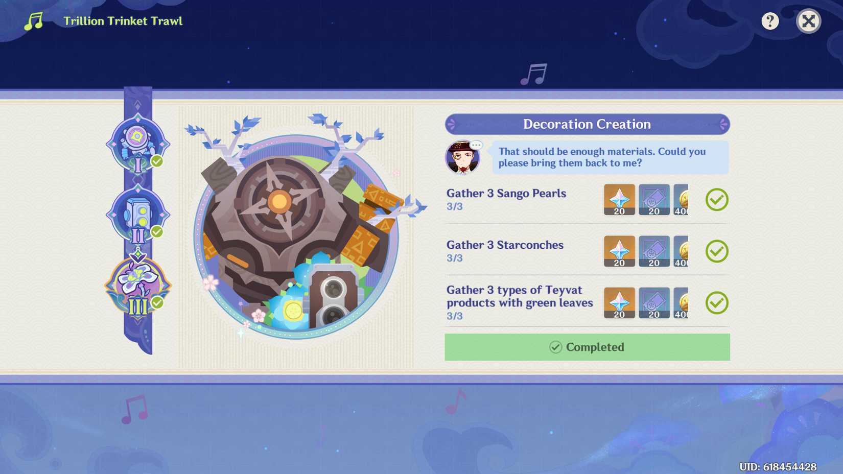 Image of the decoration creation section of trillion trinket trawl in Genshin Impact