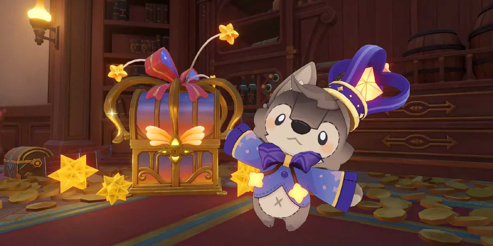 A screenshot from Genshin Impact's Imaginarium Theater game mode, featuring new NPC Wolfy.