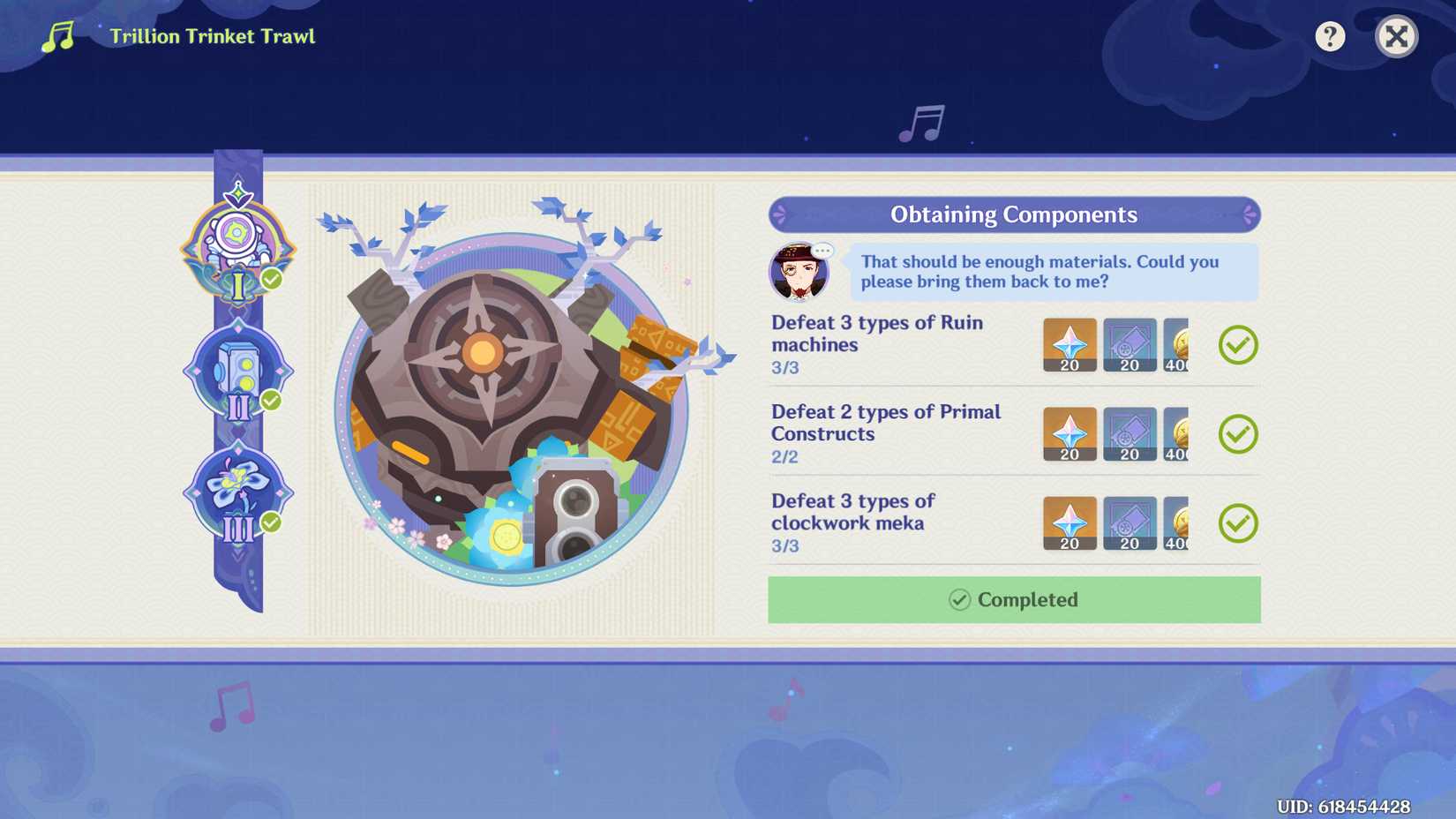 Image of the obtaining components section in trillion trinket trawl in Genshin Impact