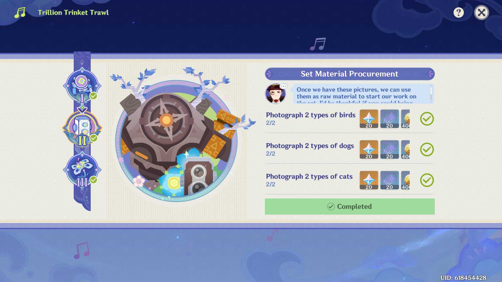 Image of the set material procurement section of trillion trinket trawl in Genshin Impact