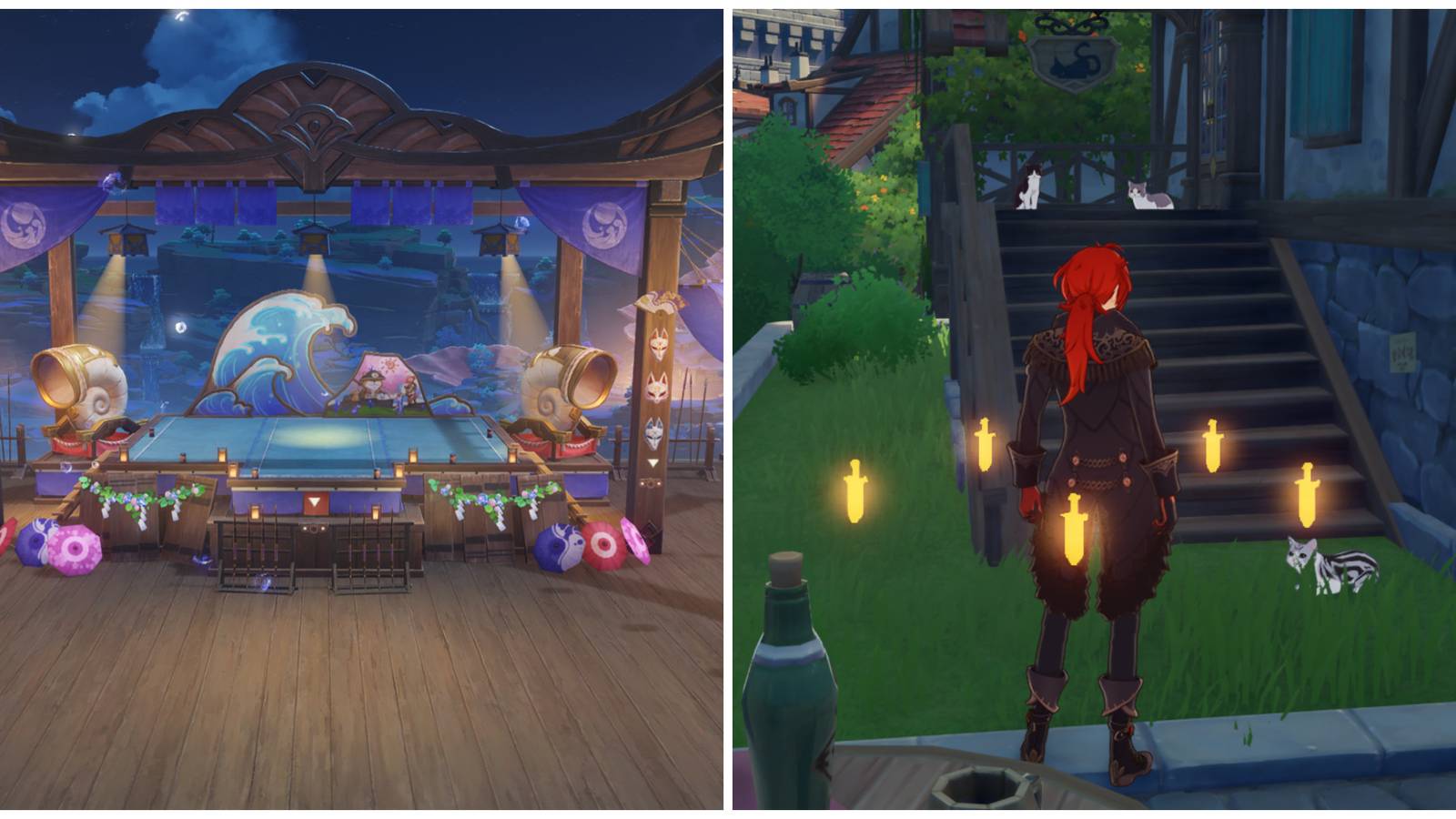 Split image of the stage in the trillion trinket trawl event and some cats that you can take a picture of for the event in Genshin Impact