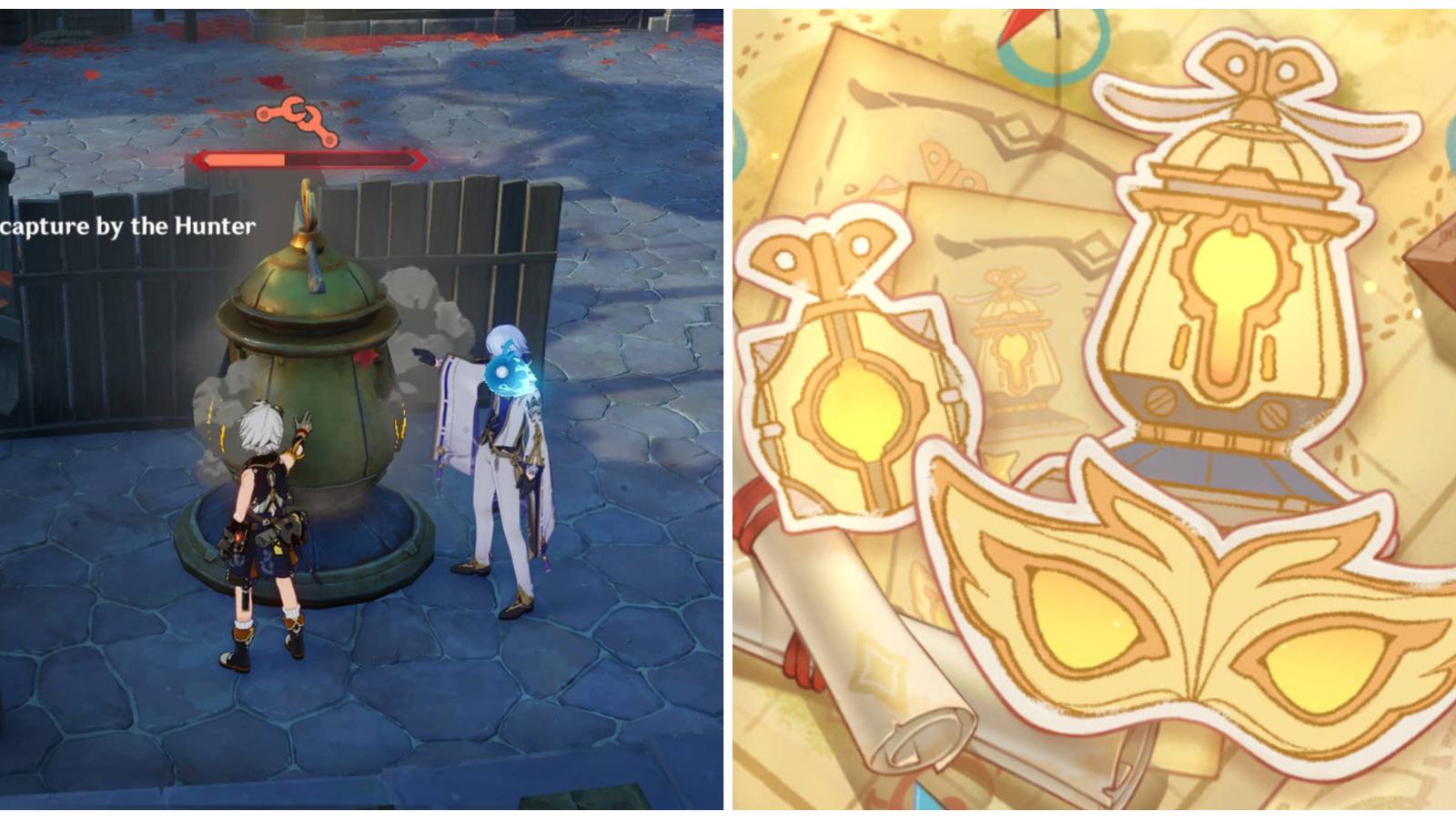 Split image of a Signaling Device being repaired and the front page of the Windtrace event in Genshin Impact