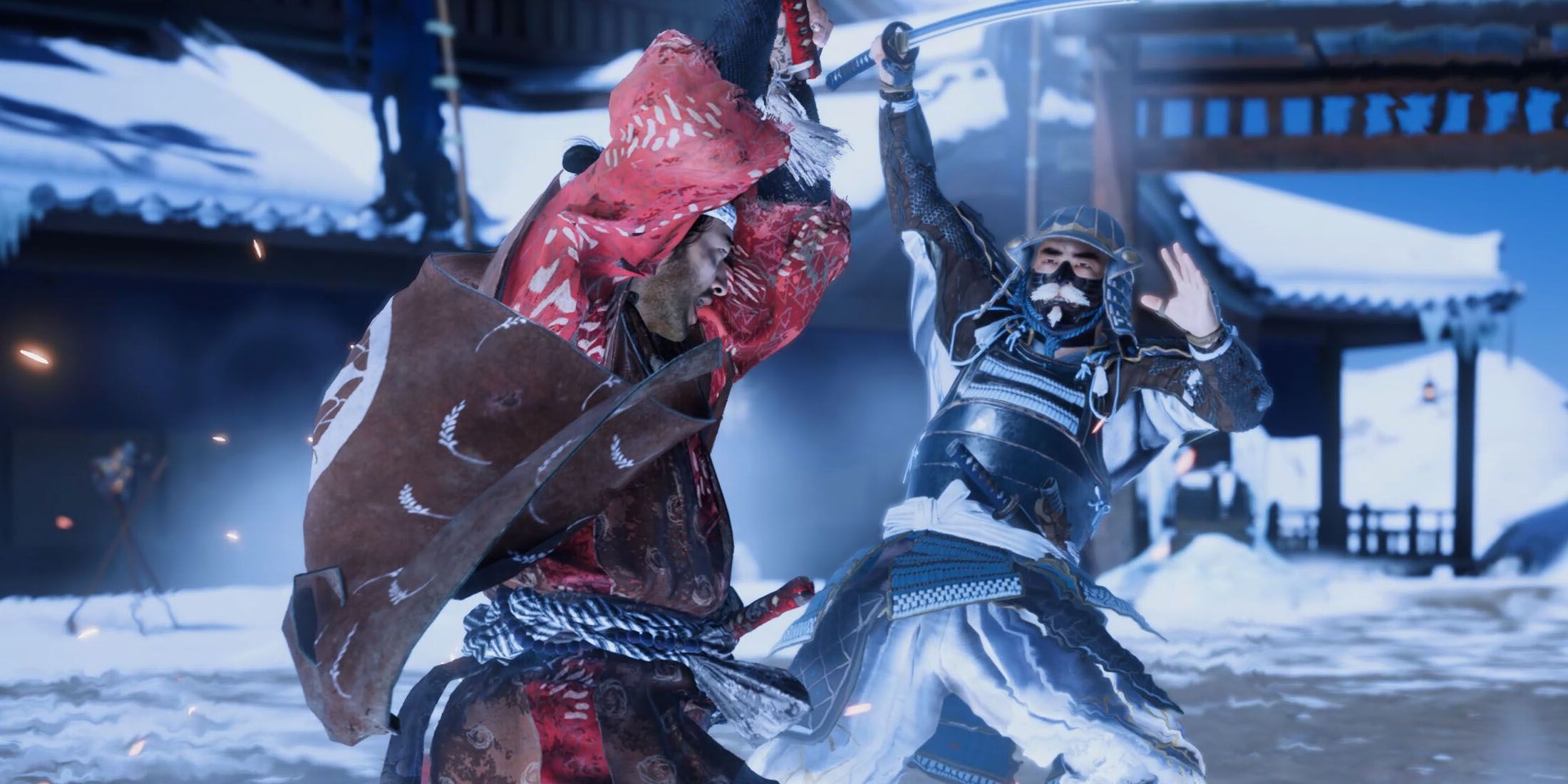 A screenshot of an armor-clad Jin Sakai battling an enemy in a snow-covered temple in Ghost of Tsushima.