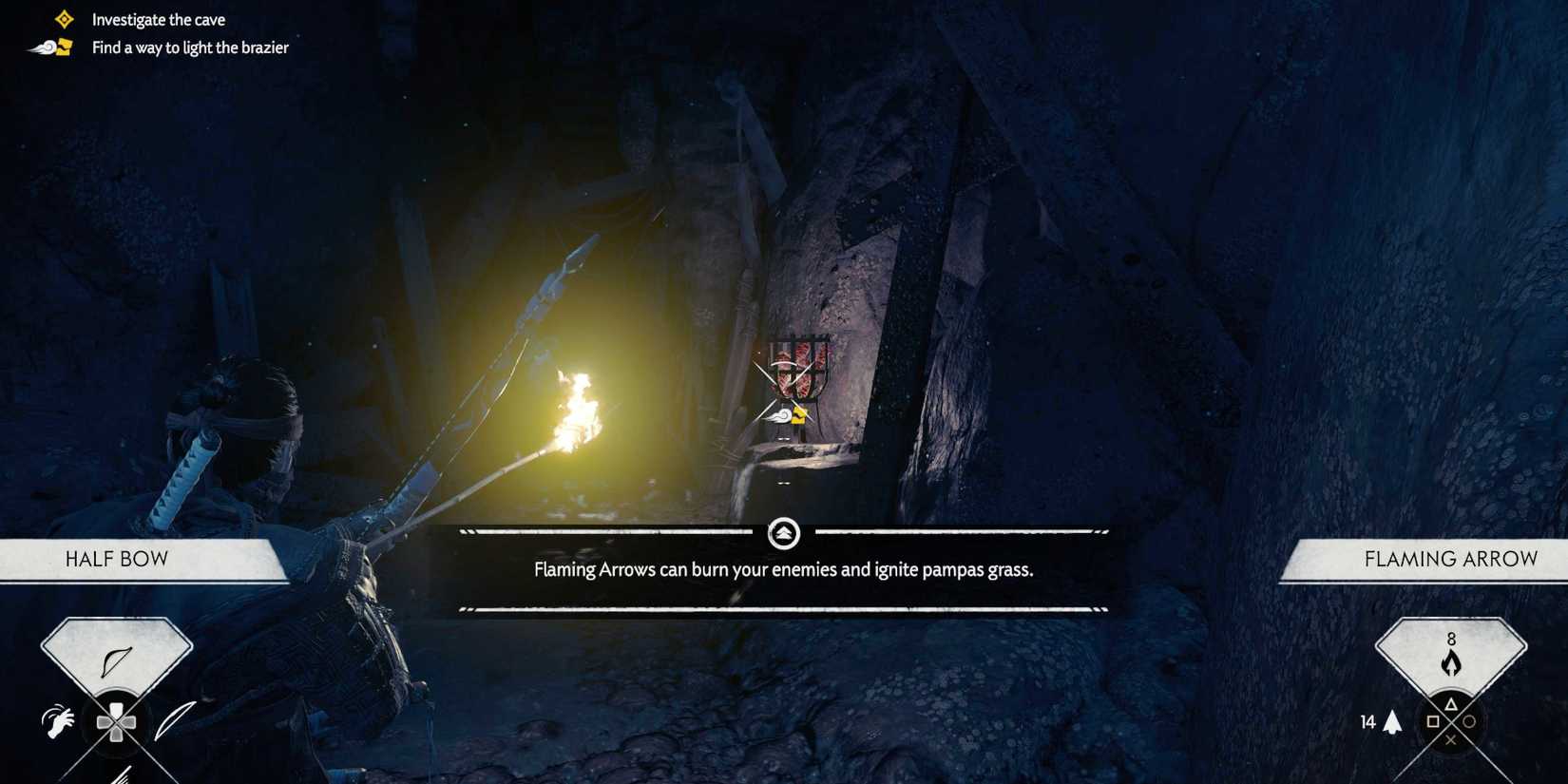 Ghost of Tsushima lighting the cave with the Flaming Arrows
