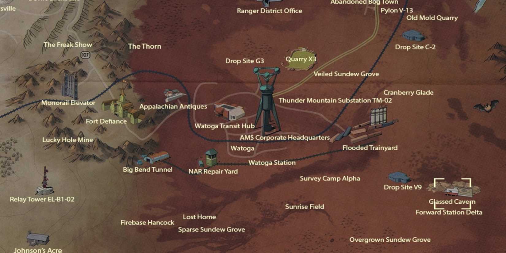 The Glassed Cavern location marked on the map in Fallout 76