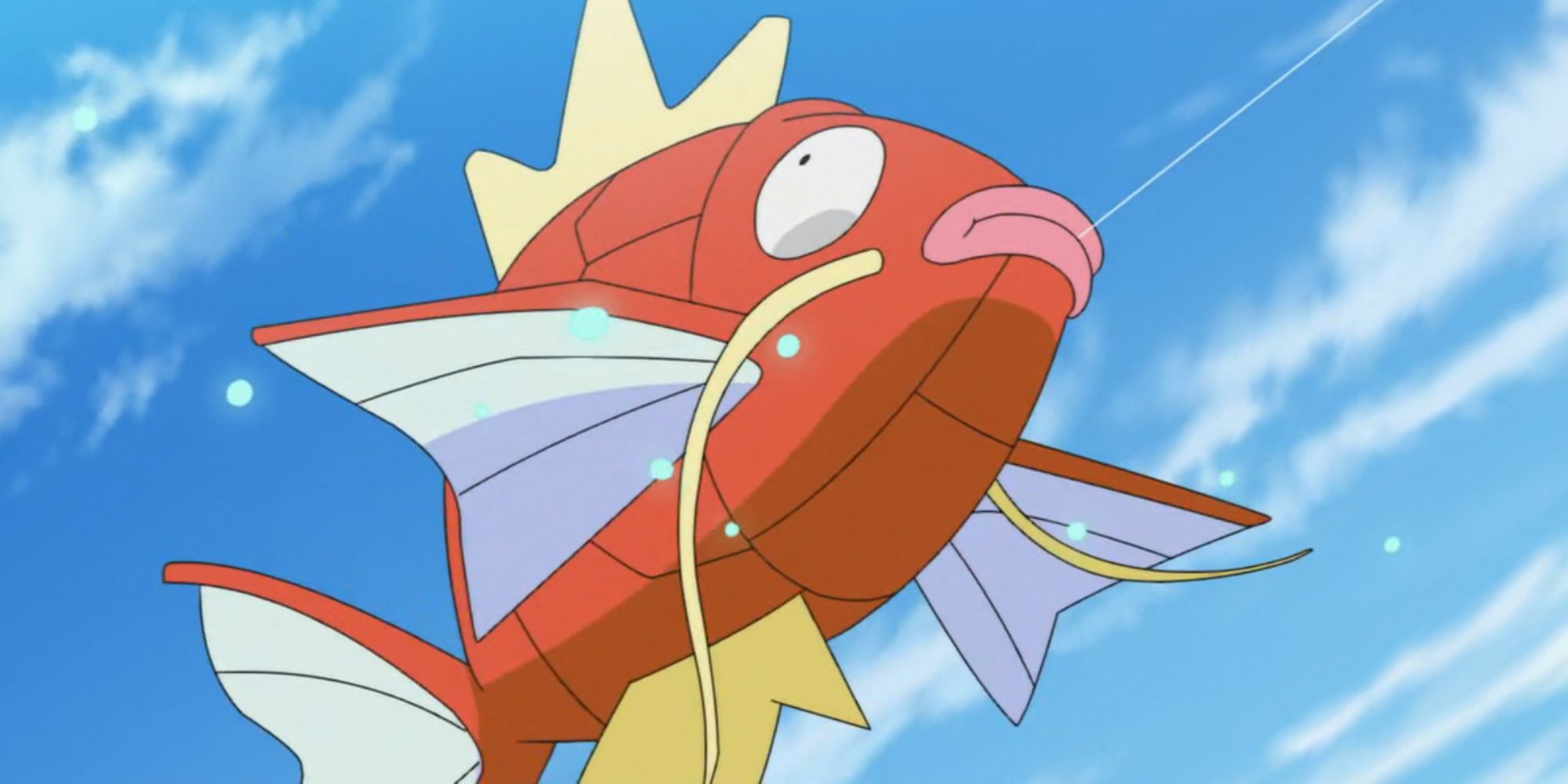 Goh catches a Magikarp with his fishing rod.
