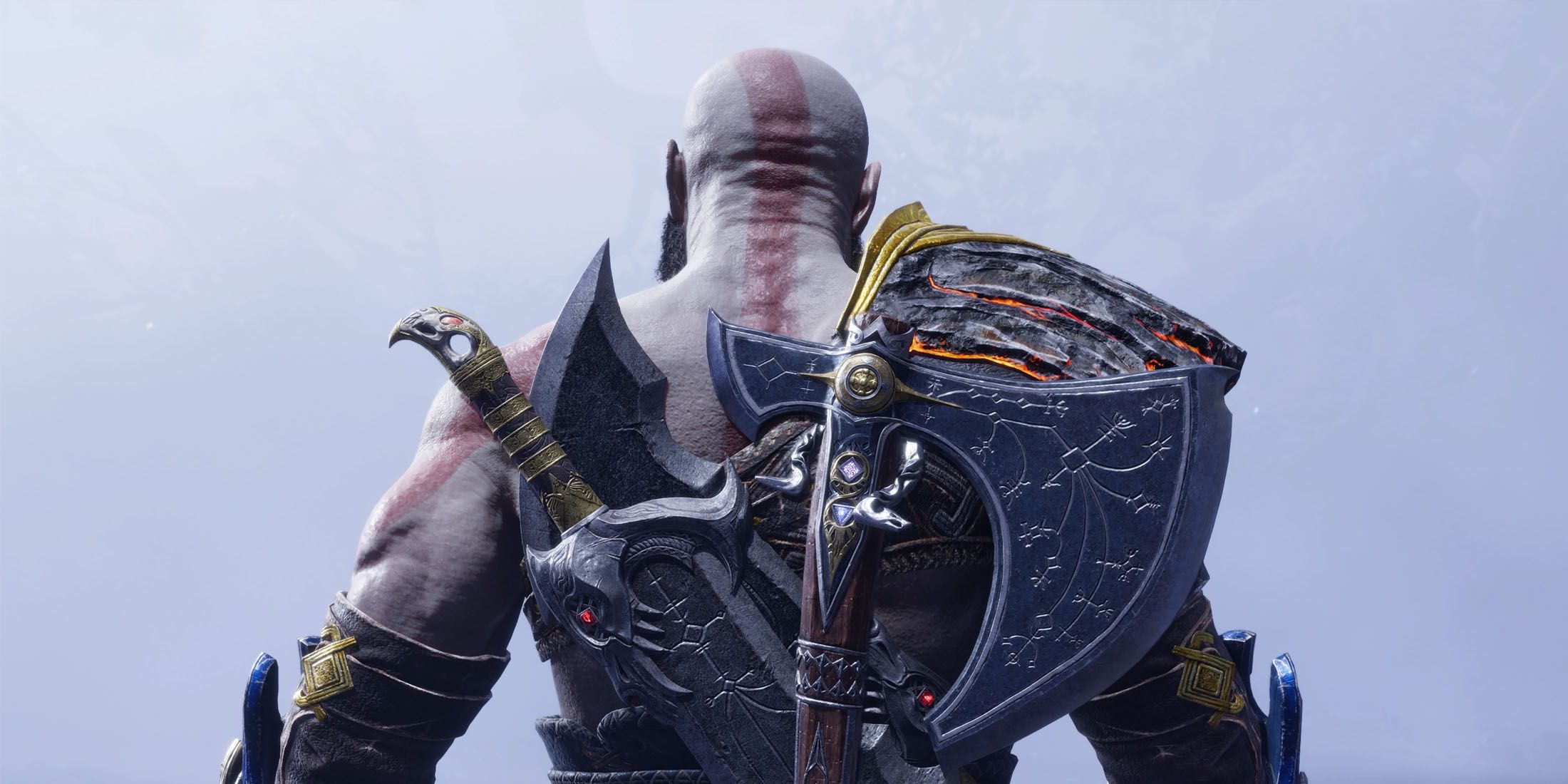A screenshot of Kratos from behind in God of War Ragnarok, showing off his weapons.