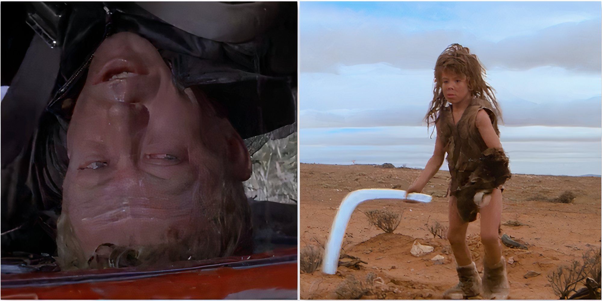 Goose upside down in his truck in Mad Max and Feral Kid with his Boomerang in Mad Max 2 The Road Warrior