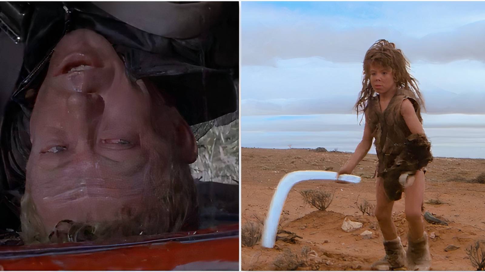 Goose upside down in his truck in Mad Max and Feral Kid with his Boomerang in Mad Max 2 The Road Warrior