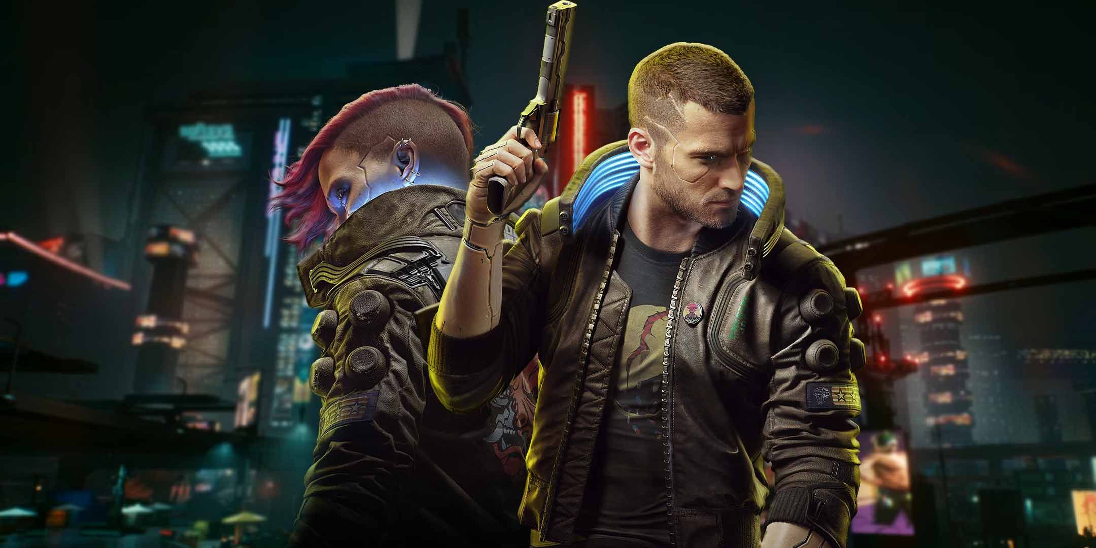 Male and female V from Cyberpunk 2077 in Night City