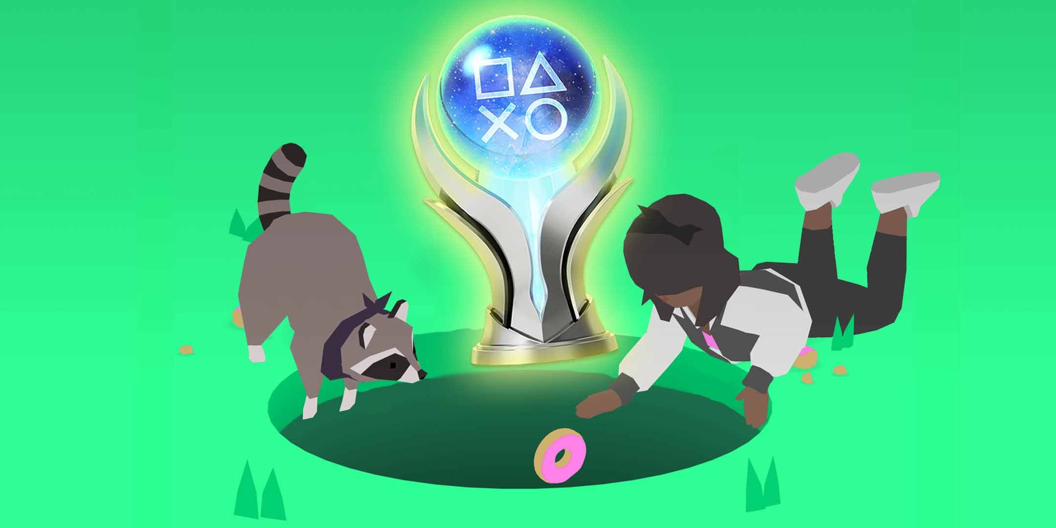 Characters from Donut County looking at a platinum trophy