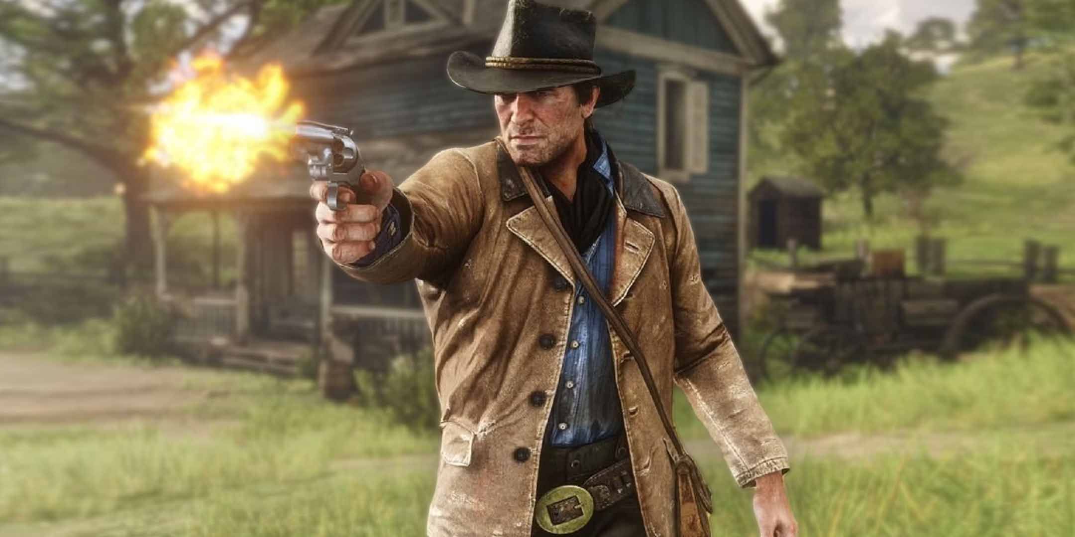 Arthur Morgan from Red Dead Redemption 2 firing a pistol