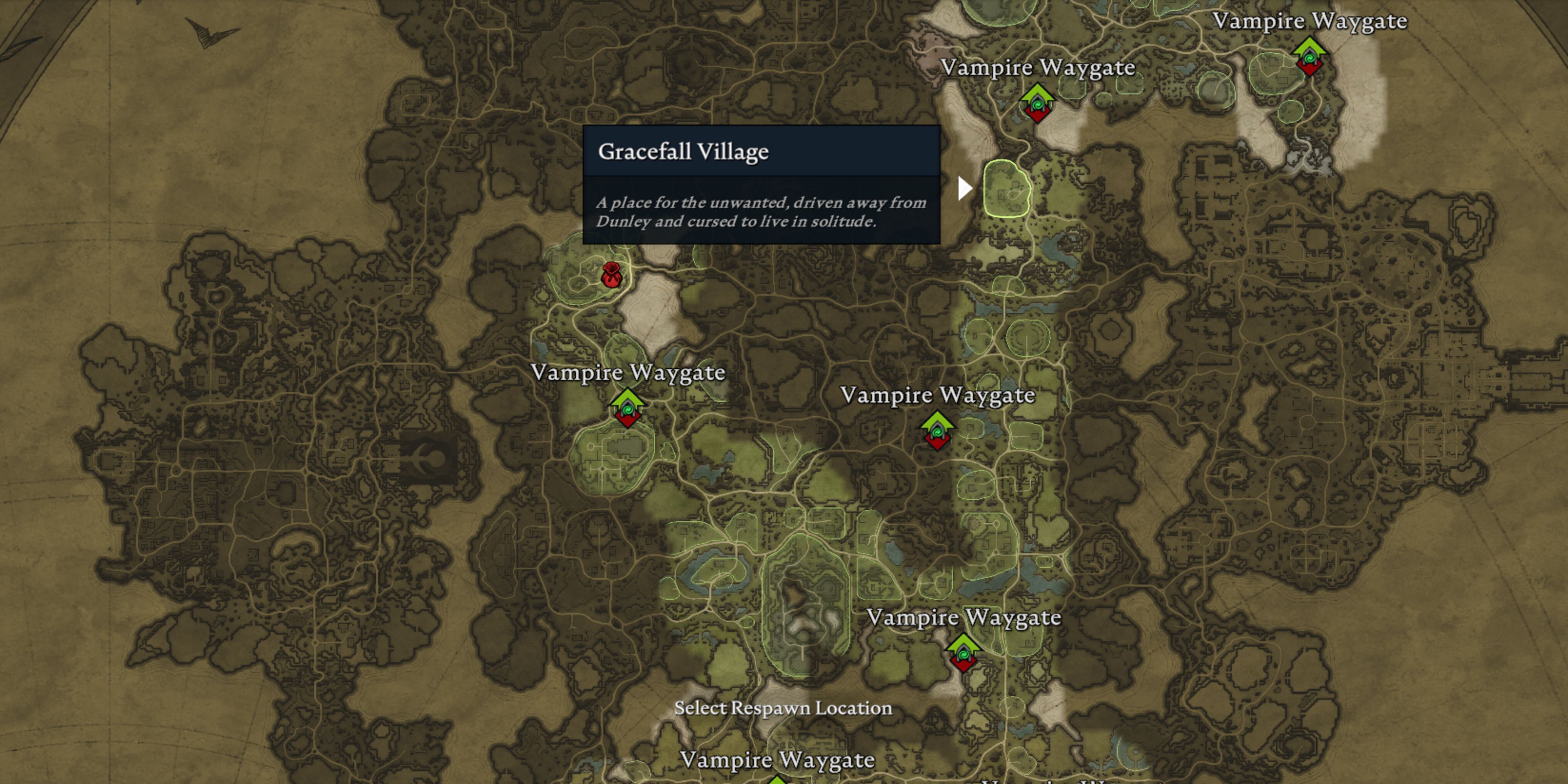 Gracefall Village location, northeast of Dunley Farmlands, marked on make in V Rising