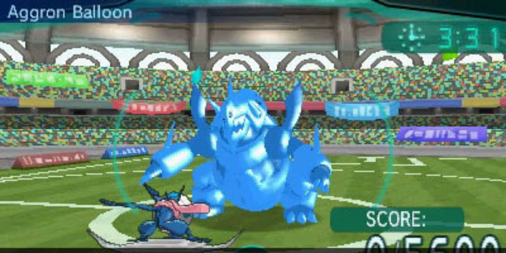 Greninja doing Super Training with an Aggron Balloon.