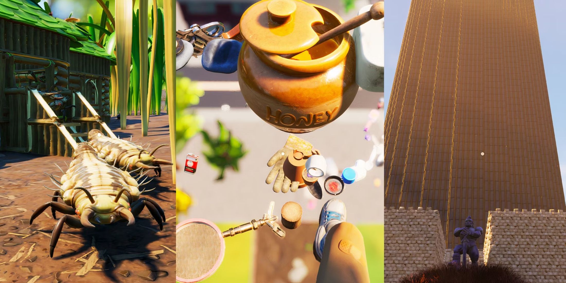 A collage of different playgrounds in Grounded