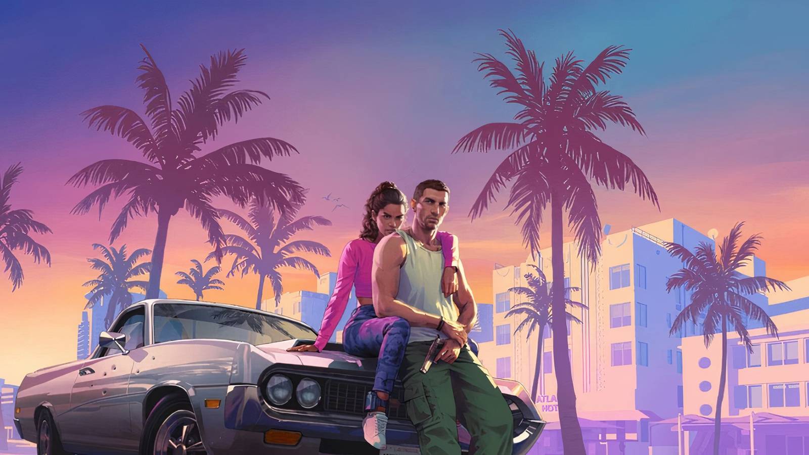 A promotional poster for GTA 6 showing the game's two main characters sitting on a car