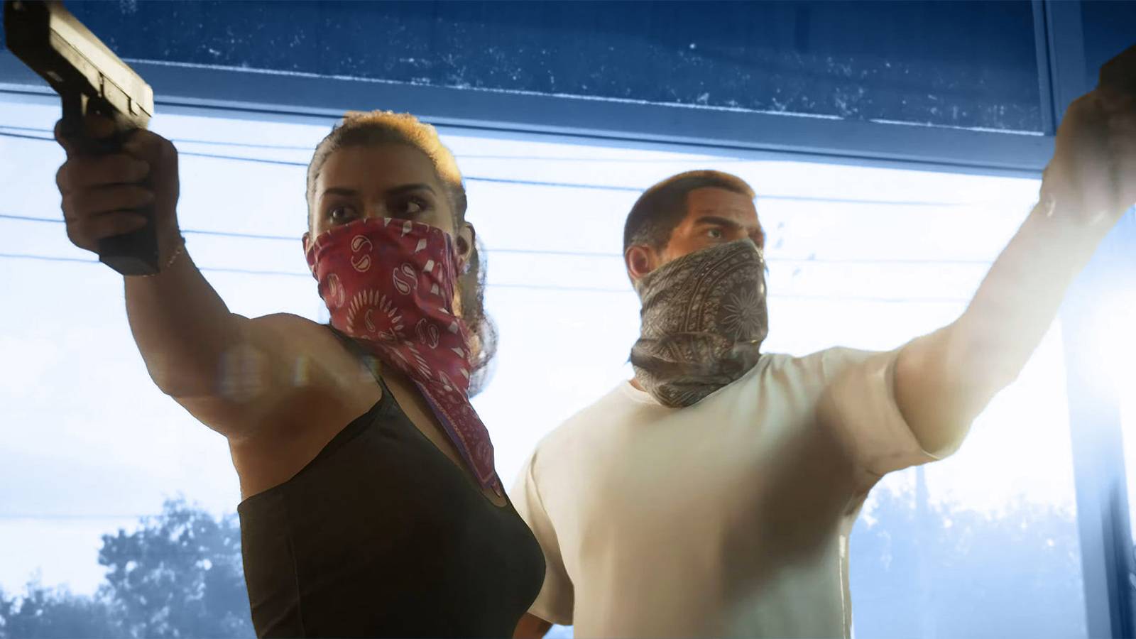 GTA 6 Trailer 1 Jason and Lucia store heist blue background swap screenshot edit