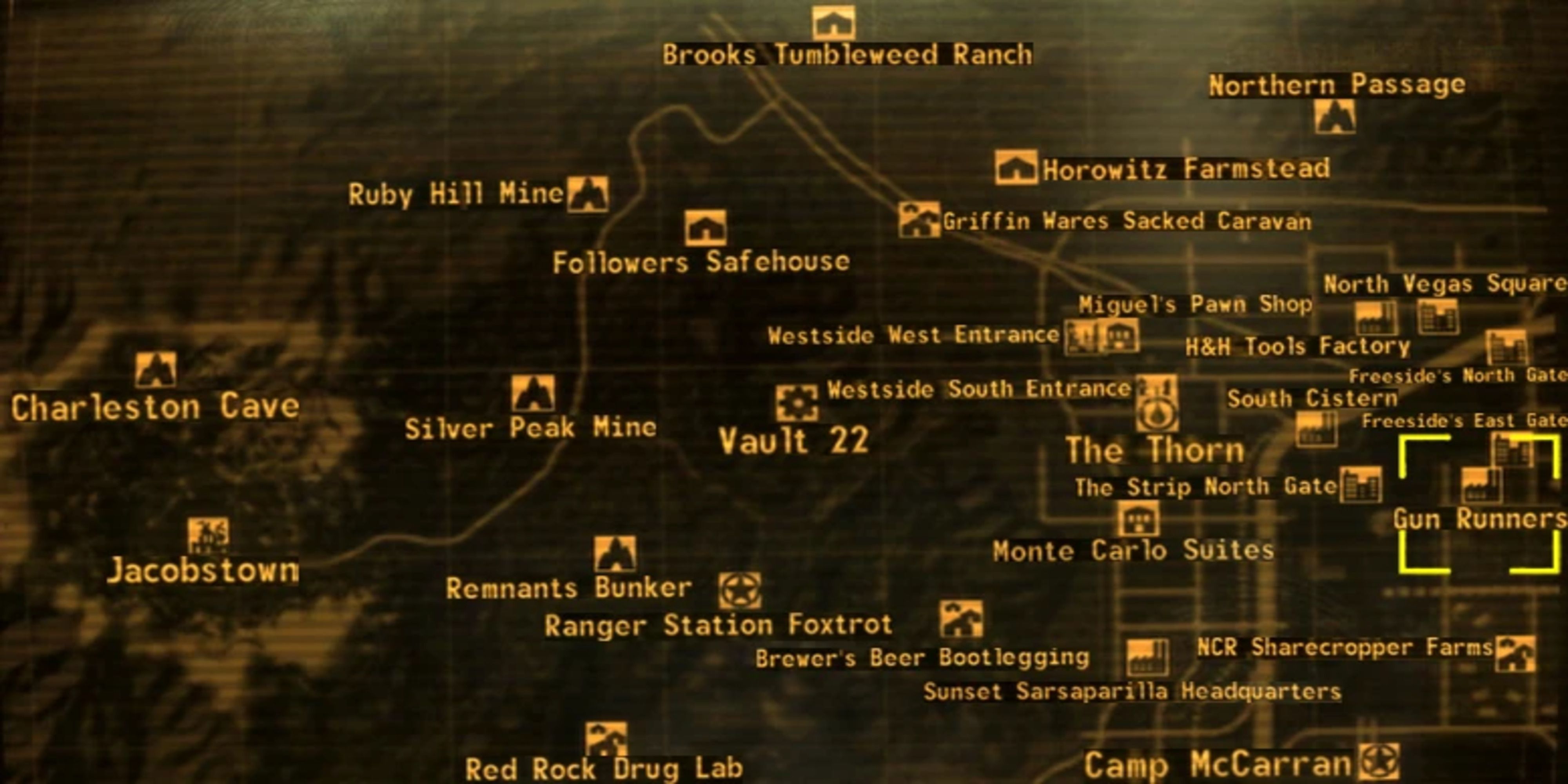 The Gun Runners kiosk location marked on the map in Fallout: New Vegas.