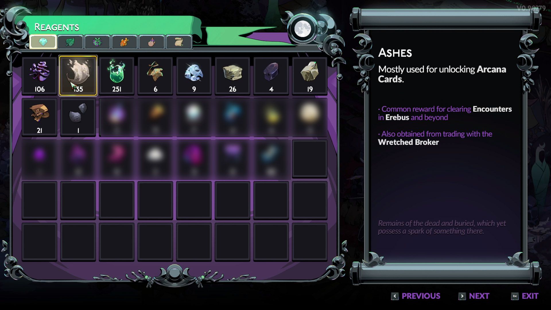 Hades 2 - Ash in Inventory