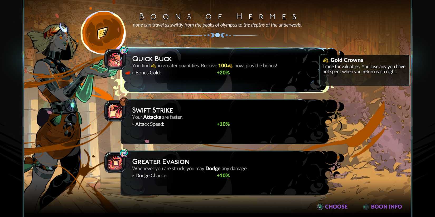 Hades 2 two Air Boons and one Earth Boon of Hermes