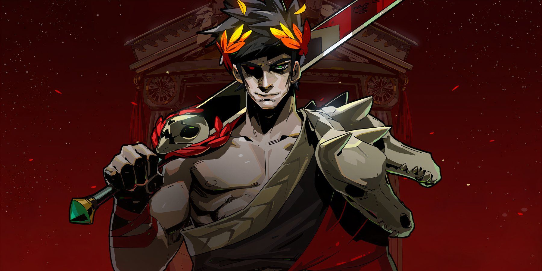 Hades Zagreus stands sword on shoulder, red background, red eye glowing