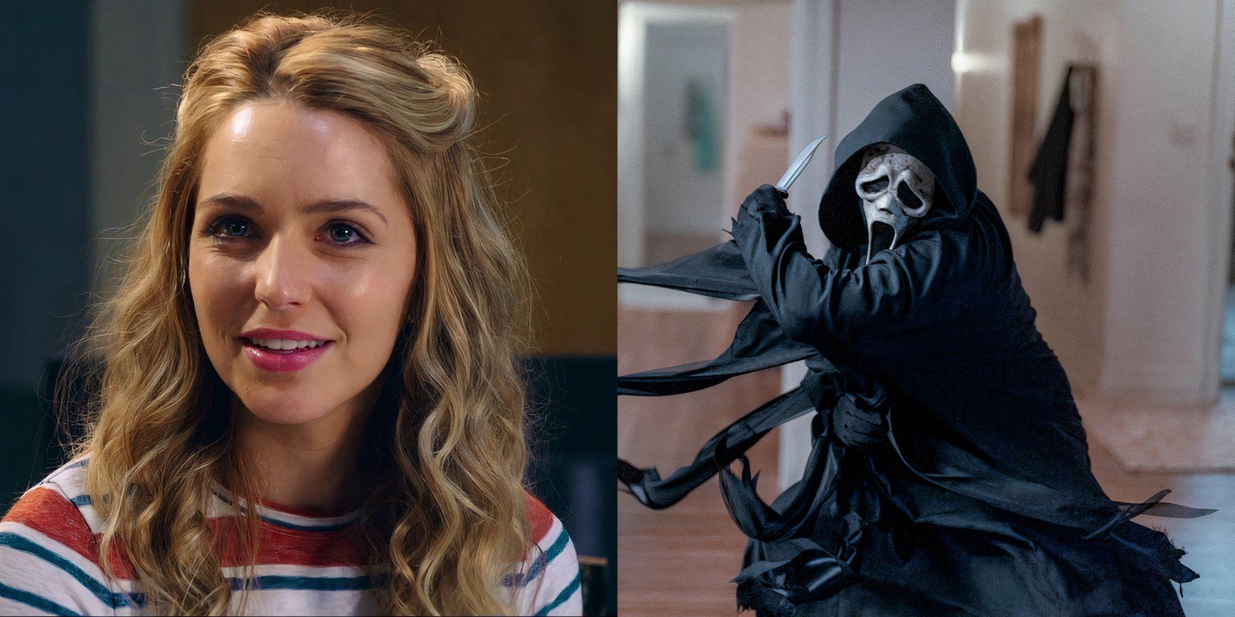 Split image of Tree (Jessica Rothe) in Happy Death Day and Ghostface in Scream