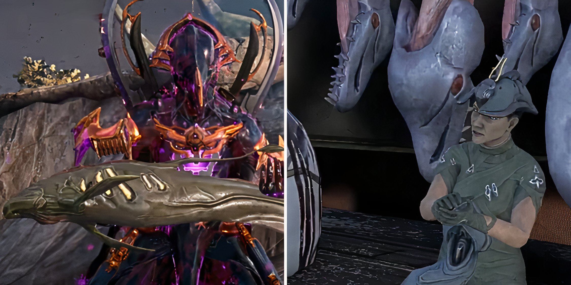 The Warframe character is about to receive some Charc Electroplax harvested by the fish woman from the Charc Eel they caught.