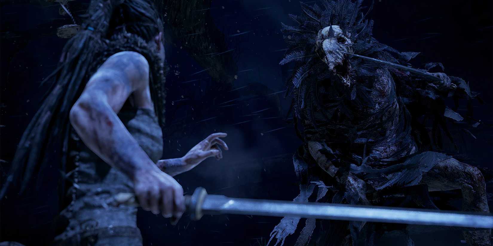hellblade senua with sword against demon