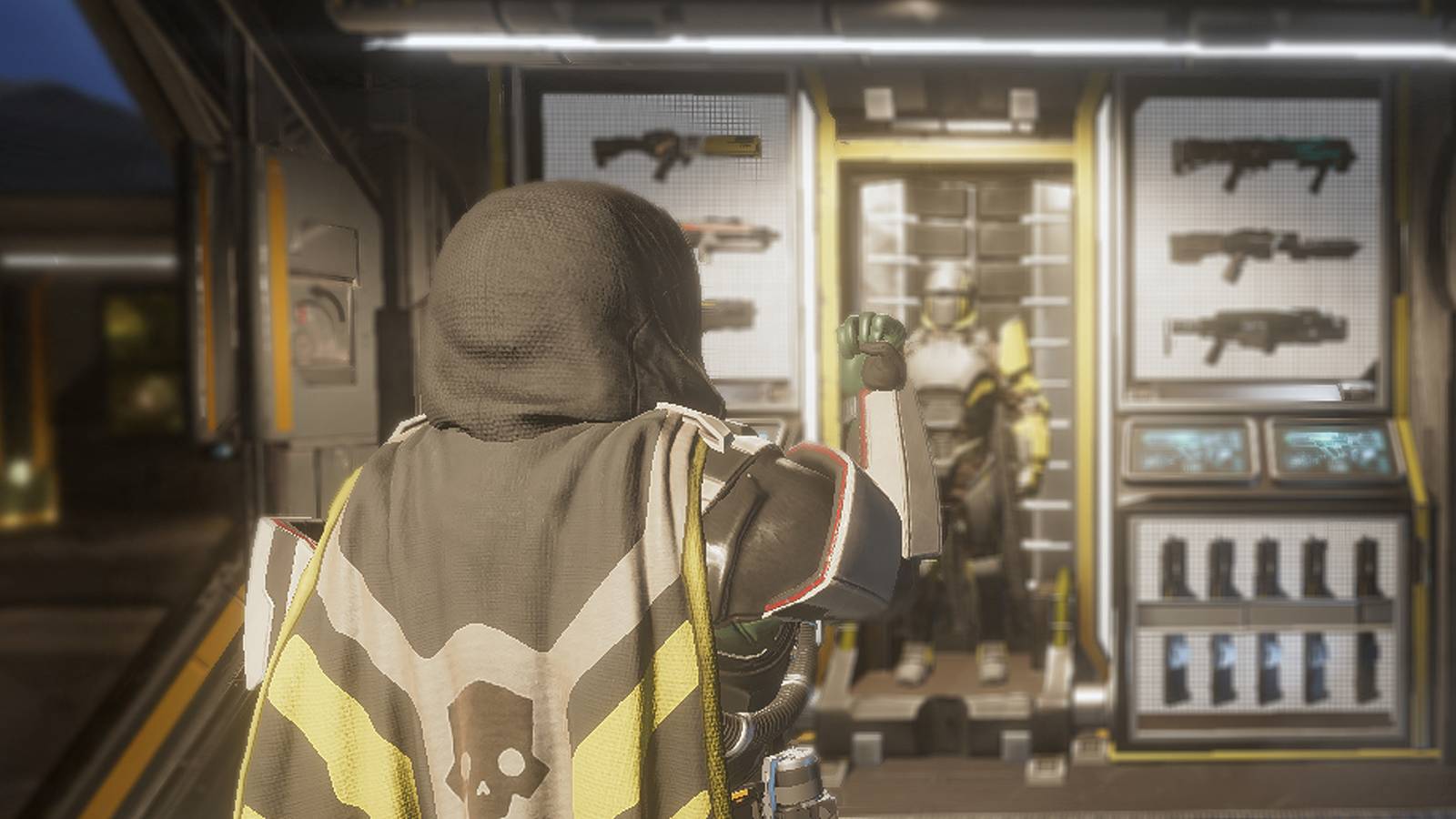 Helldivers 2 player emote salute at super destroyer armory