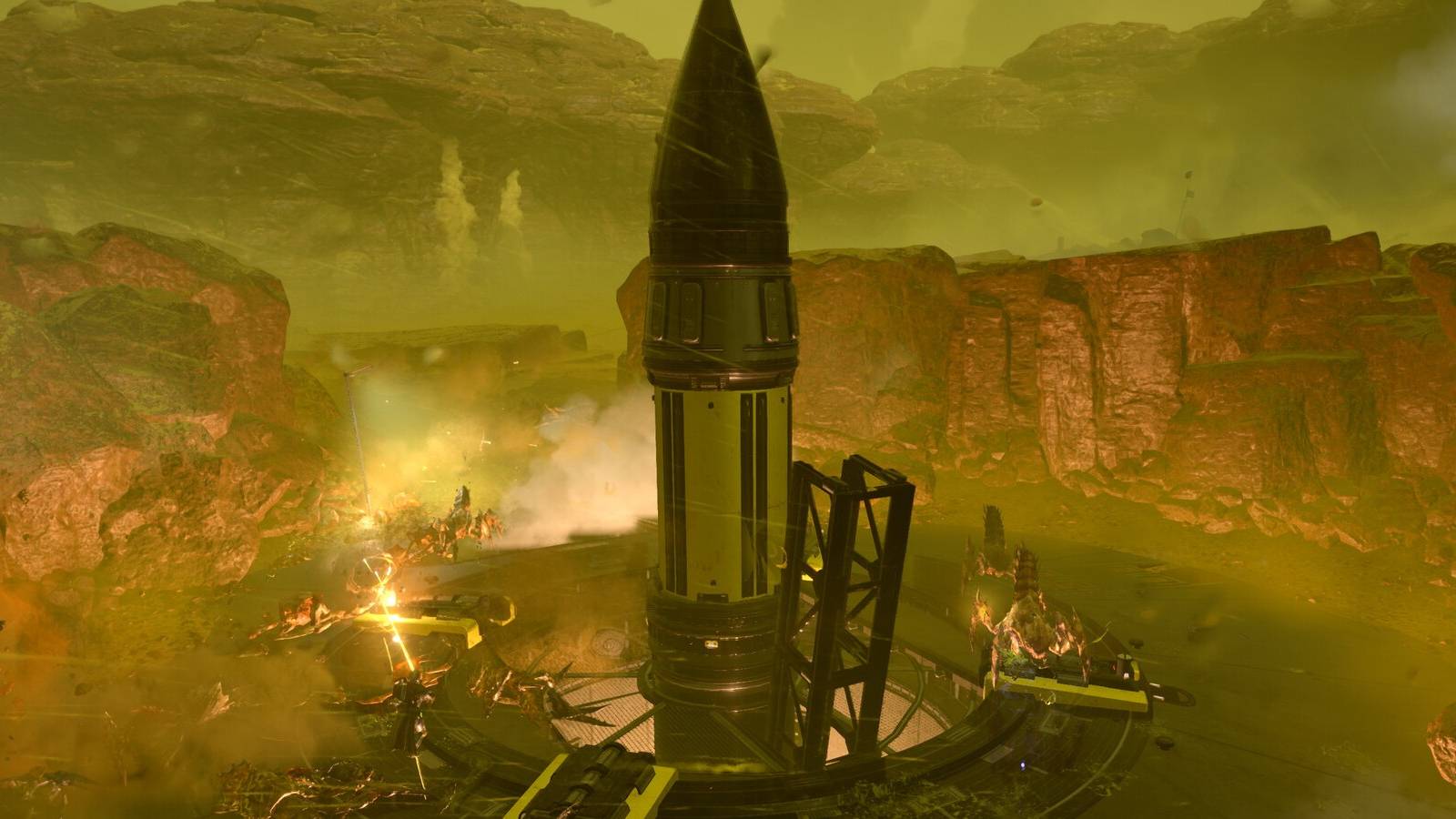 helldivers 2 squad defending a missile