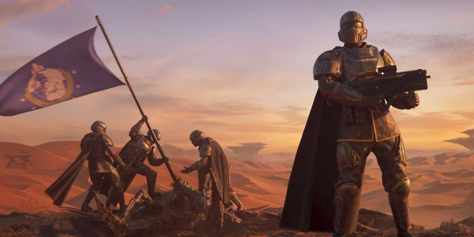 helldivers 2 squad raising a flag of super earth