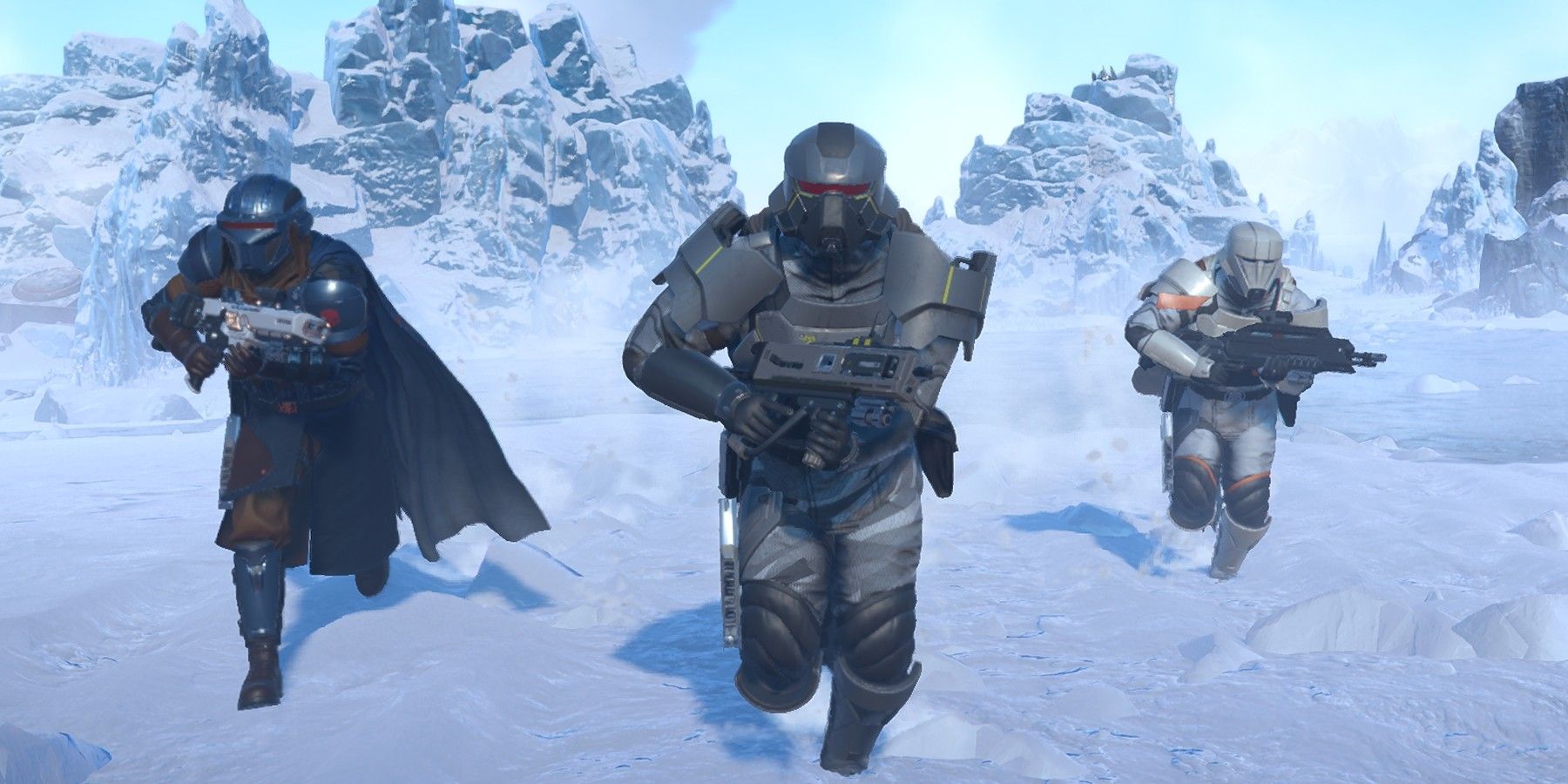 helldivers 2 squad running through snowfield