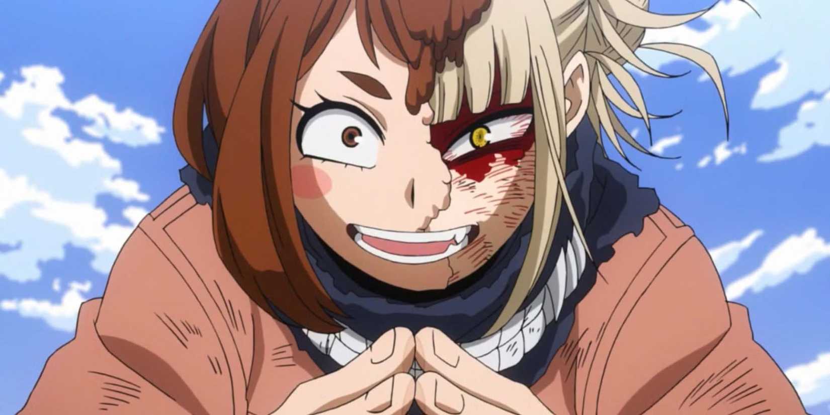 Himiko Toga uses her Transform quirk to partially turn into Uraraka in My Hero Academia