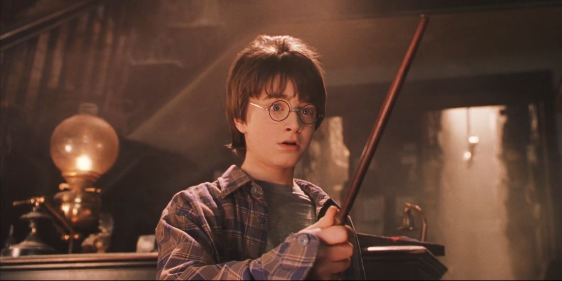 Harry Potter holds his wand for the first time