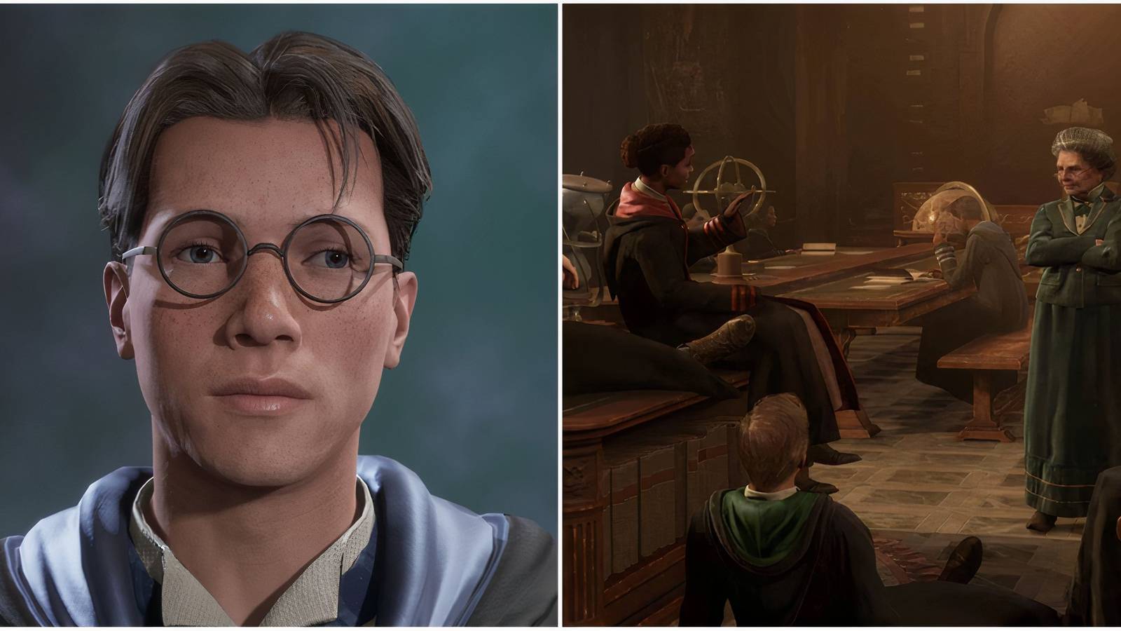 The character creation menu in Hogwarts Legacy and a classroom full of students