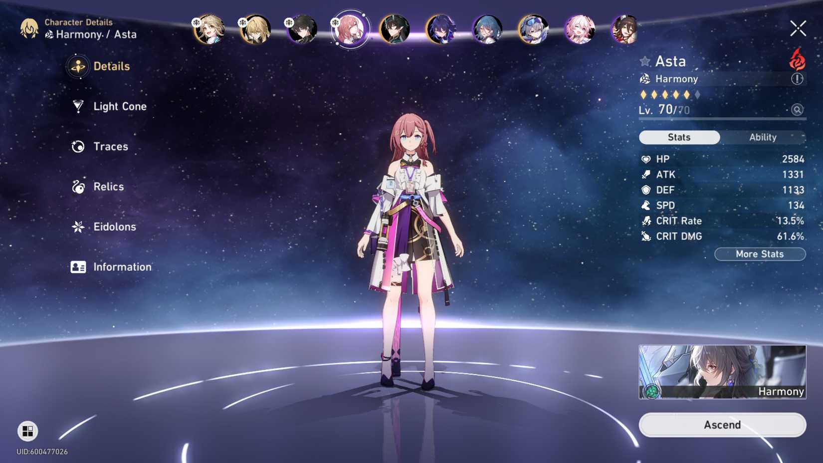 Image of Asta and her Speed stat in Honkai Star Rail
