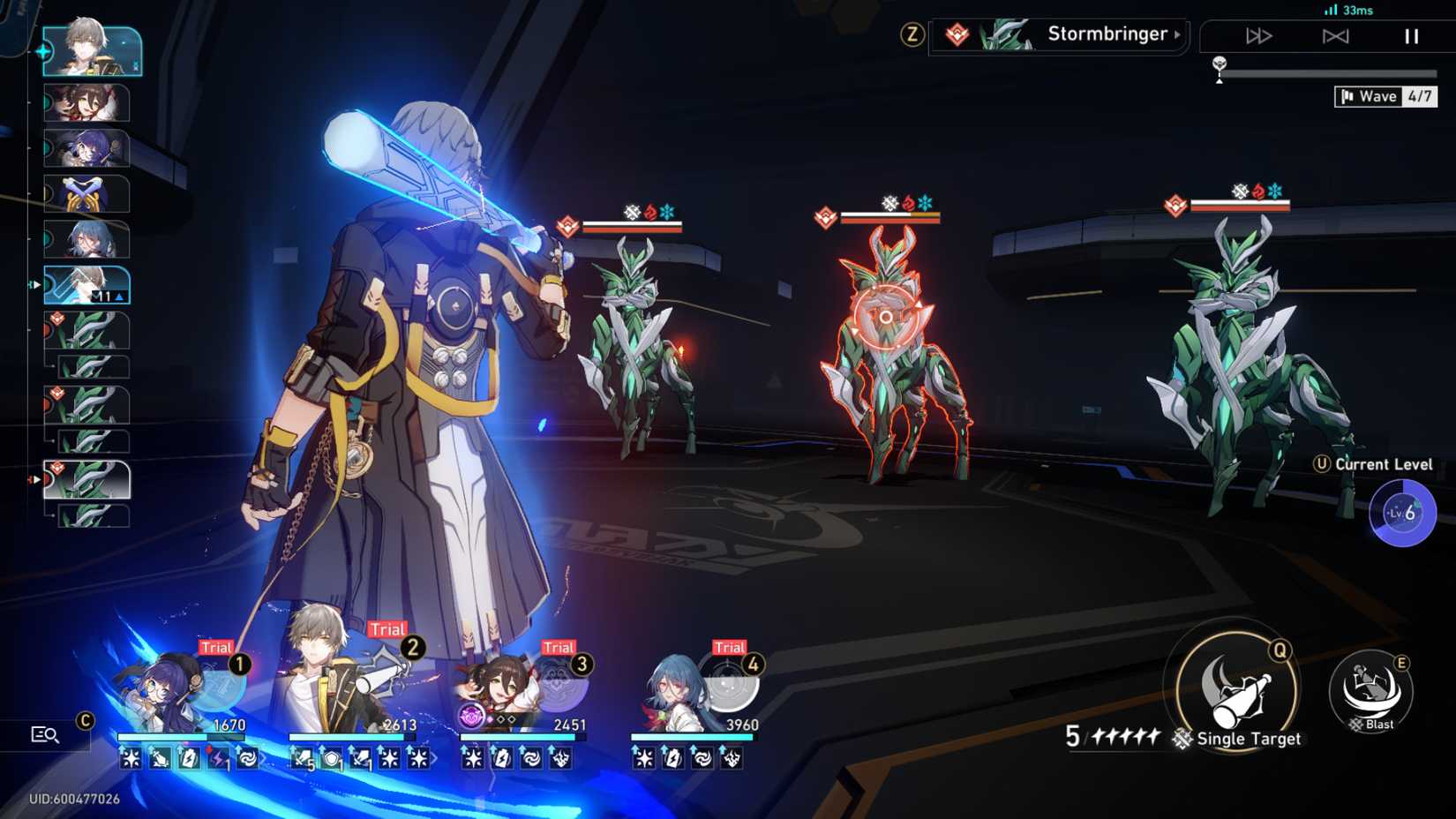 Image of the Trailblazer in battle in the Galactic Baseballer event in Honkai Star Rail