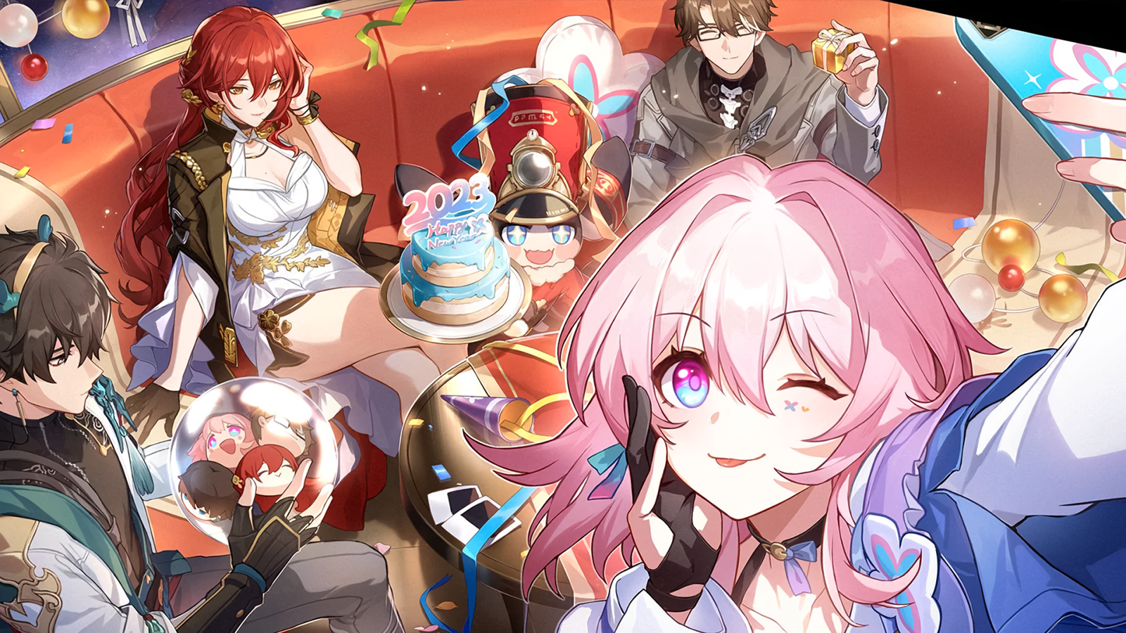 A key visual for Honkai: Star Rail showing characters March 7th, Dan Heng, Himeko, and Welt.